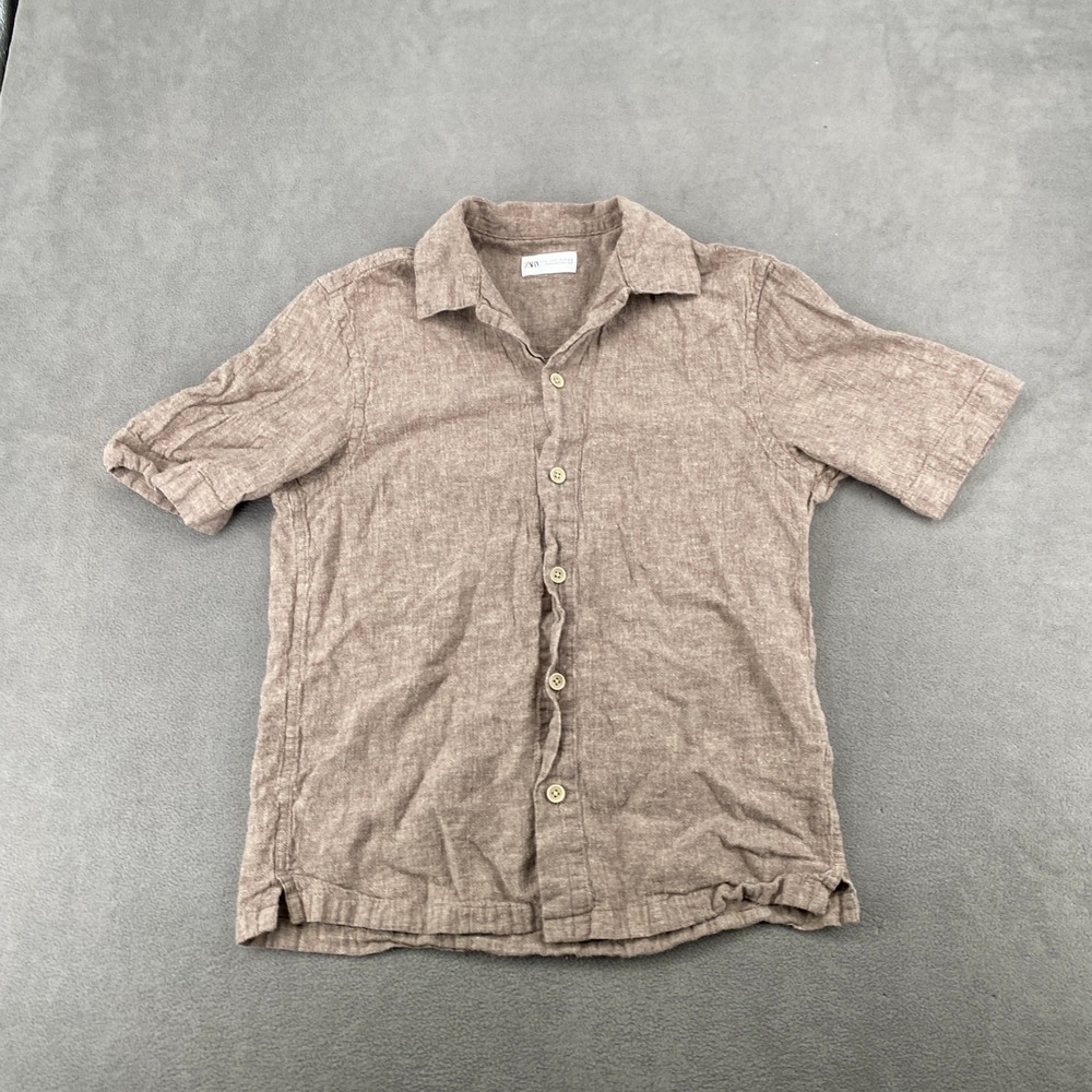 Zara Mens Brown Linen Cotton Blend Short Sleeve Button Down Shirt Small